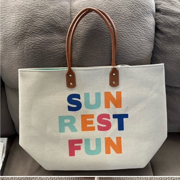 Woven Tote SUN REST FUN Canvas 20x11x8 Tote Bag - Picture 1 of 5
